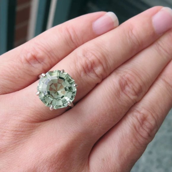 Green Quartz Prasiolite In 14K White Gold Cocktail Ring Size 7 - Picture 7 of 7
